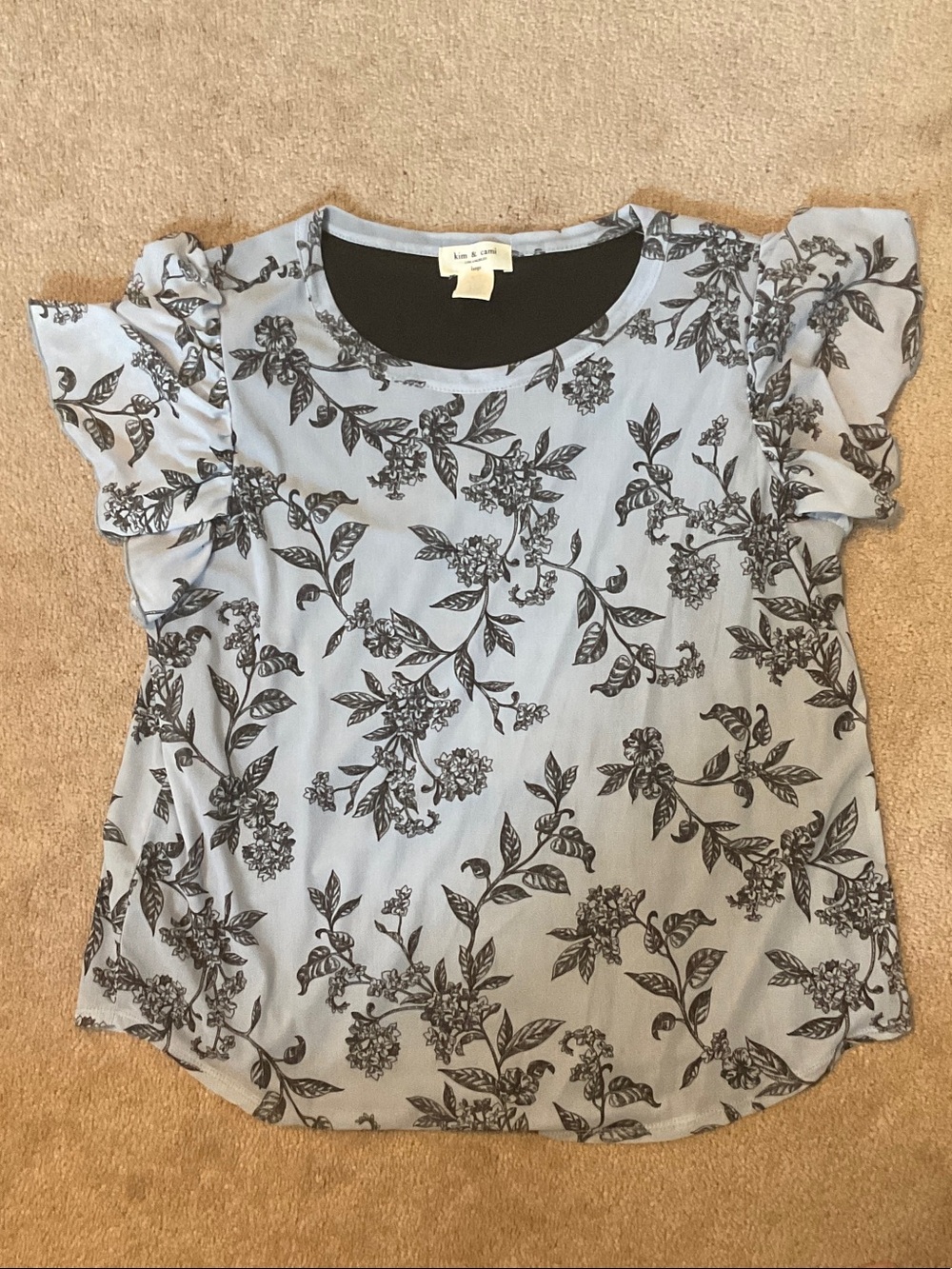 Kim & Cami Light Blue Floral Ruffle Sleeve Blouse